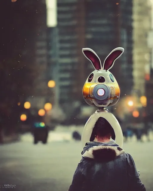 Image similar to 500mm telephoto lens bokeh lights!!! epic pose!!! googly eyed giant oversized rocket battle rabbit robot chubby mech baby sport car double decker with giant oversized ears and rabbit babies ,in busy city , full body , Cinematic focus, Polaroid photo, vintage , neutral dull colors, soft lights, foggy , by oleg oprisco , by national archives, by discovery channel, by victor enrich , by gregory crewdson