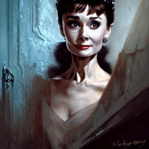 Image similar to audrey hepburn in a horror novel, inside haunted mansion, various scenarios, looking for the way out, highly detailed, digital painting, artstation, art by gaston bussiere, greg rutkowski, j. c. leyendecker, robert hubert