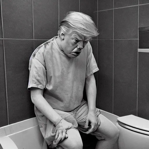 Prompt: a disheveled Trump crying profusely in prison clothing sitting on a toilet in jail. wide angle. The floor is grimy. candid photograph.
