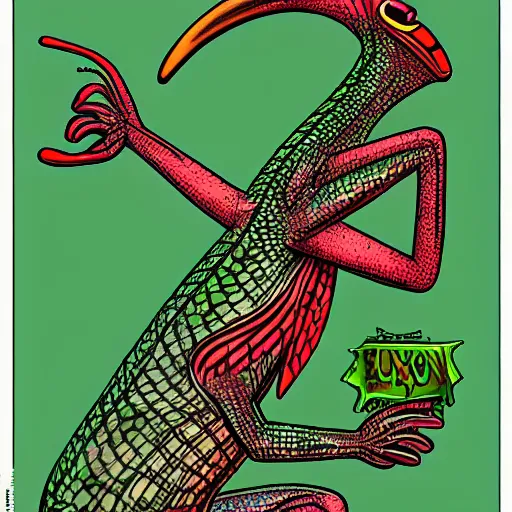 Image similar to lizard flamingo hybrid, muppet punk, basil wolverton style, hr giger style, disney style