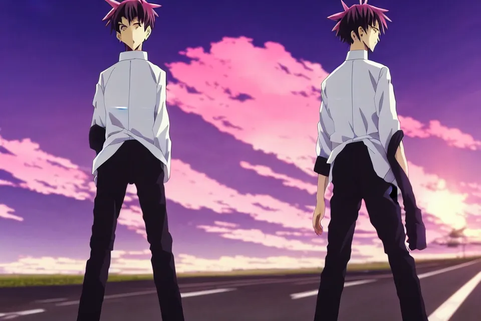 Prompt: anime illustration of ikari shinji wearing a white shirt and black pants, his black eva unit - 0 1 standing behind him on an empty highway at sunrise, cinematic lighting, evangelion rebuild anime 1 0 8 0 p, 9 0 s anime aesthetic, volumetric lights, rule of thirds, unreal engine render, pinterest wallpaper, trending on artstation