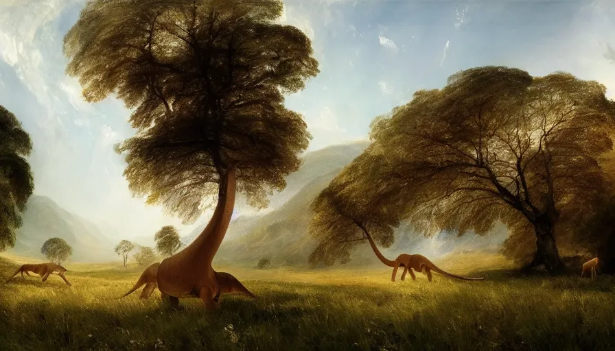 Prompt: beautiful highly detailed oil painting of a herd of diplodocus eating trees in a hilly grassy plain, by william turner, by greg rutkowski, 4 k resolution