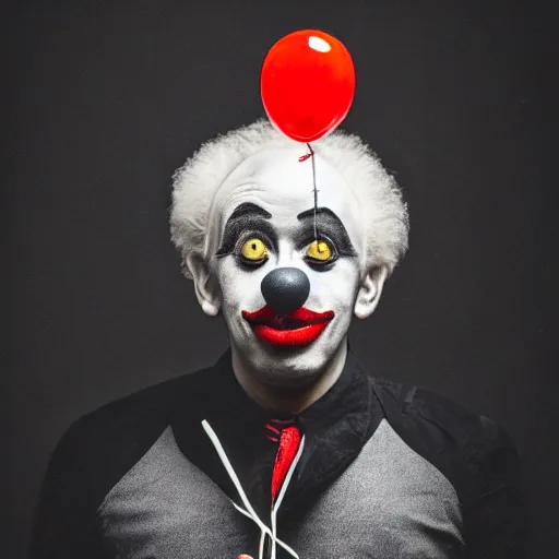 Image similar to a vintage studio portrait of a sad clown with balloons behind him, black background, chiaroscuro lighting, close up portrait, shallow depth of field, 8 0 mm, f 1. 8