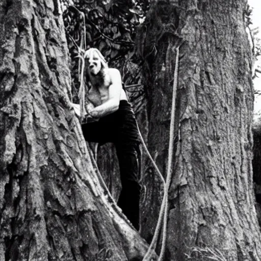 Prompt: steve hillage climbing a tree