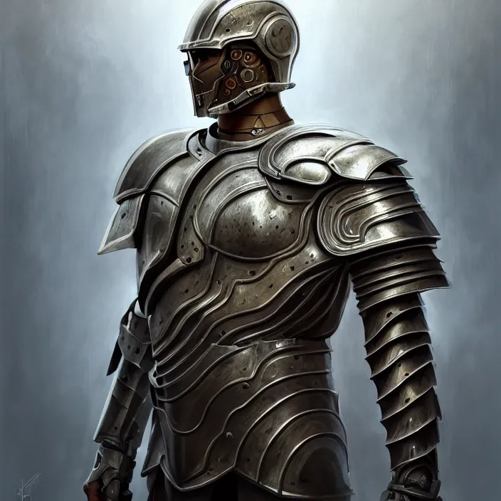 Image similar to portrait of a man wearing cyborg armor, Spartan hoplite design, subject in the center of the frame, wide angle shot, diffuse lighting, fantasy, intricate, elegant, highly detailed, lifelike, photorealistic, digital painting, artstation, illustration, concept art, smooth, sharp focus, art by John Collier and Albert Aublet and Krenz Cushart and Artem Demura and Alphonse Mucha
