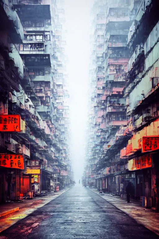 Image similar to nuclear winter, street of hong kong, near future, fantasy, sci - fi, hyper realistic, serene, morning.