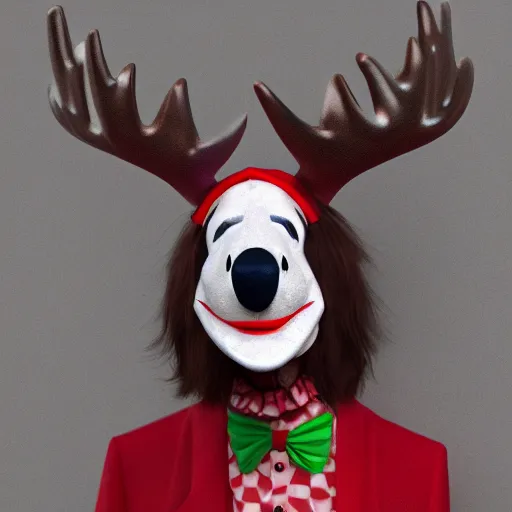 Image similar to a photo realistic moose dressed as a clown, 8 k, high detail, 8 0 mm, good lighting