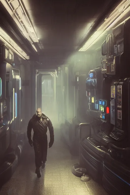 Image similar to in a dark corridor, a human in a still suite from dune in front of a snack machine and taps the keypad, his profile and face lit up by the blue neon light of the machine in front of him, close shot, blade runner style, gloomy mood, hyper-realistic environment,Epic concept art. bokeh, Octane render and Unreal Engine