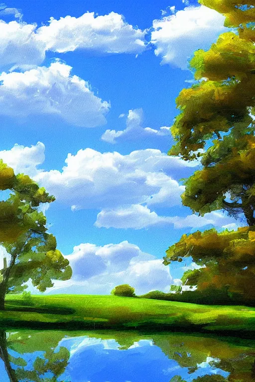 Image similar to digital painting landscape sky trees water painted by Mario Cooper