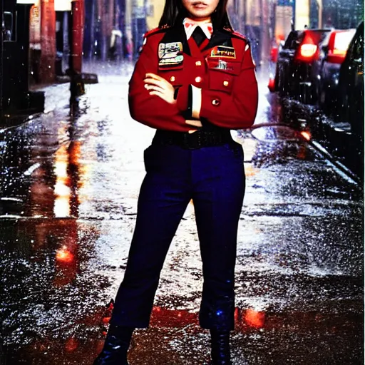 Image similar to night flash portrait photography of a high school girl in uniform on the lower east side by annie leibovitz, colorful, nighttime!, raining!