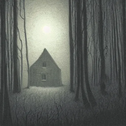 Prompt: a Illustration of a Eerie cabin in the middle of the woods in the style of Beksinski