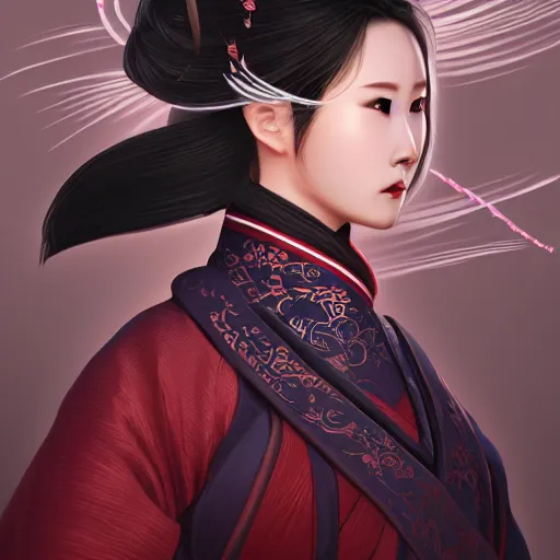 Image similar to woman wearing hanfu, middle shot, digital art, highly detailed, intricate, sharp focus, Trending on Artstation, HQ, unreal engine 5, 4K UHD image, by brom, loish, artgerm, face by Otto Schmidt