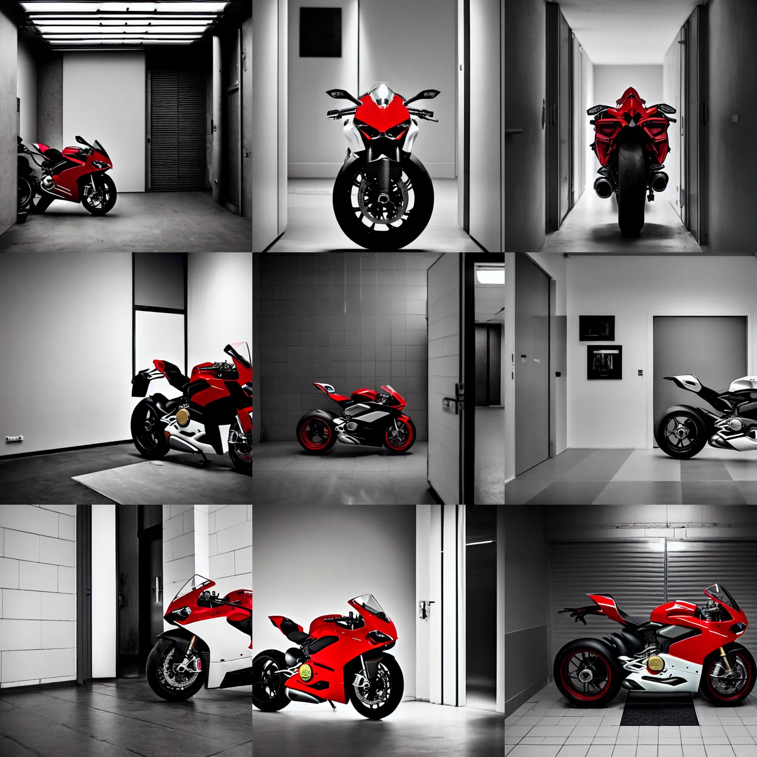 Prompt: a huge 2 0 1 9 ducati panigale v 4 standing in the corridor to a tiny kitchen, in the dark, white tile on the floor, by paolo pellegrin, by trent parke, prize winning photo, cinematic