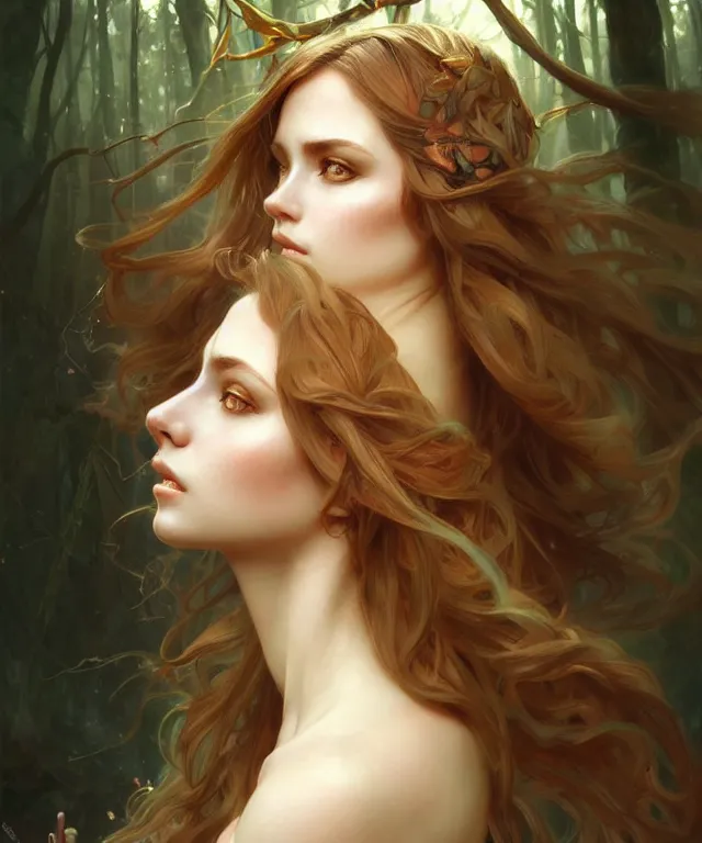 Image similar to Forest nymph woman portrait, amber eyes, face, long hair, fantasy, intricate, elegant, highly detailed, digital painting, artstation, concept art, smooth, sharp focus, illustration, art by artgerm and greg rutkowski and alphonse mucha