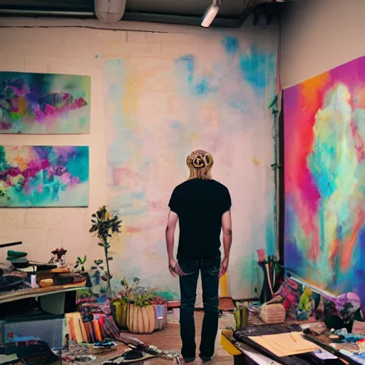 Image similar to kodak portra 4 0 0 photograph of a skinny blonde guy standing in cluttered art studio, back view, flower crown, moody lighting, moody vibe, telephoto, 9 0 s vibe, blurry background, vaporwave colors, faded!,