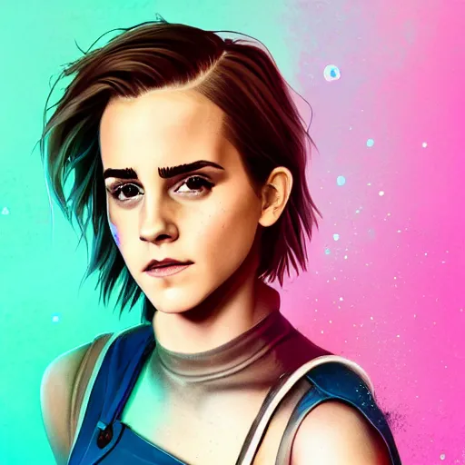 Prompt: realistic emma watson with rainbow hair, soft eyes and narrow chin, dainty figure, long hair straight down, torn overalls, short shorts, combat boots, wet tshirt, raining, basic white background, side boob, symmetrical, single person, style of by Jordan Grimmer and greg rutkowski, crisp lines and color,