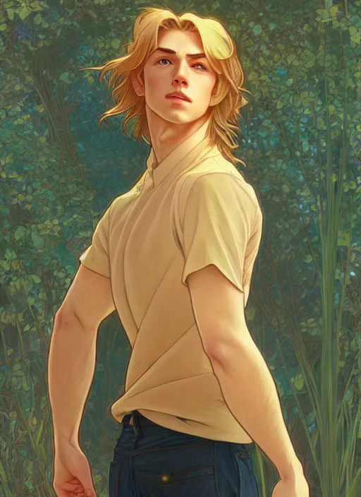 Image similar to pretty young man with shoulder length shiny shimmering golden blond hair, half body shot, path traced, highly detailed, high quality, digital painting, by studio ghibli and alphonse mucha, leesha hannigan, hidari, disney