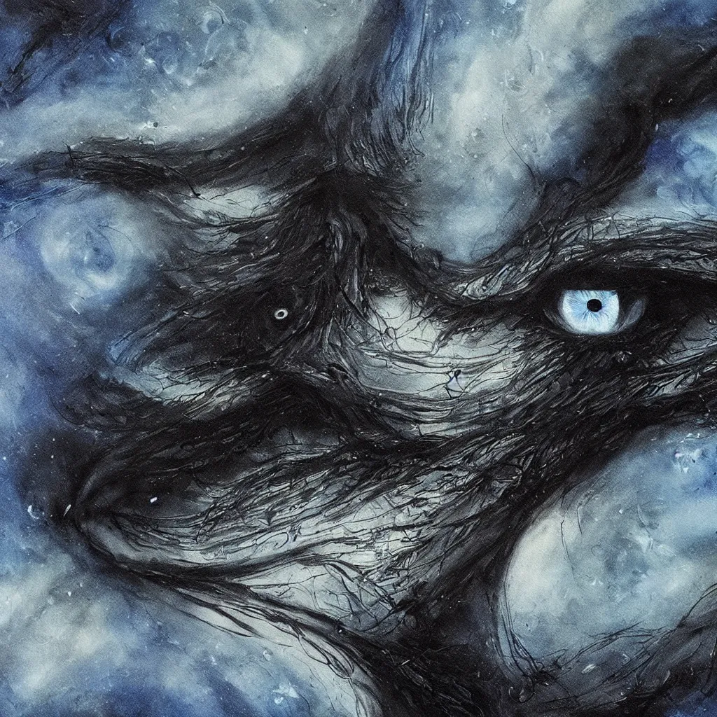 Prompt: many eyes in space, wide brush, art of Valin Mattheis, blurry, black space, beautiful blue eyes, babylon style, art of Hans Ruedi Giger, 4k, 8k, top cinematic lighting , cinematic mood, very detailed, small details, realistic illustration, hyperrealism