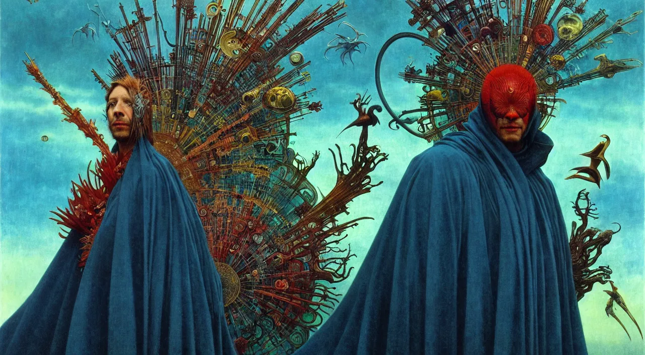 Image similar to realistic detailed portrait movie shot of a birdman wearing dark robes, sci fi city landscape background by denis villeneuve, amano, yves tanguy, alphonse mucha, ernst haeckel, max ernst, roger dean, masterpiece, rich moody colours, blue eyes, occult