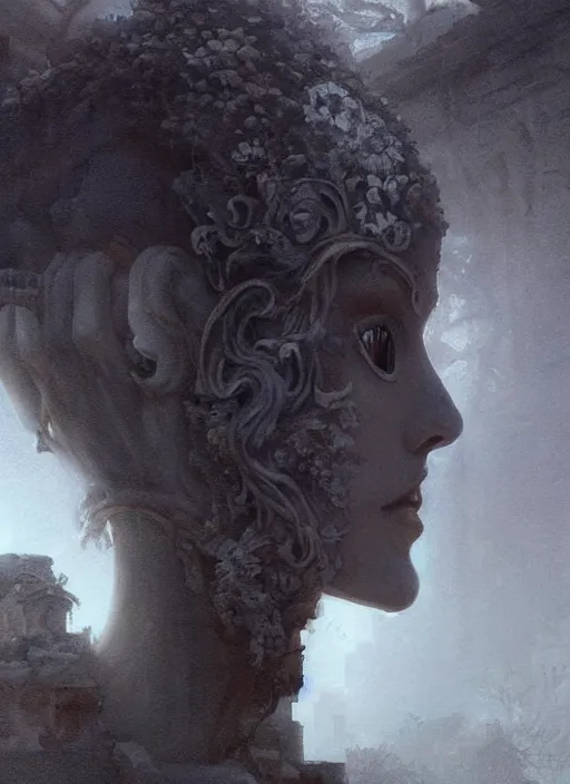 Prompt: close up of a veiled half scull mask girl on the ruins temple, looking at the camera curiously, smog on the floor, extremely beautiful and aesthetic and attractive detailed face and body, chiaroscuro, dynamic pose, fantasy illustrations, by makoto shinkai and jeremy lipking and ferdinand knab