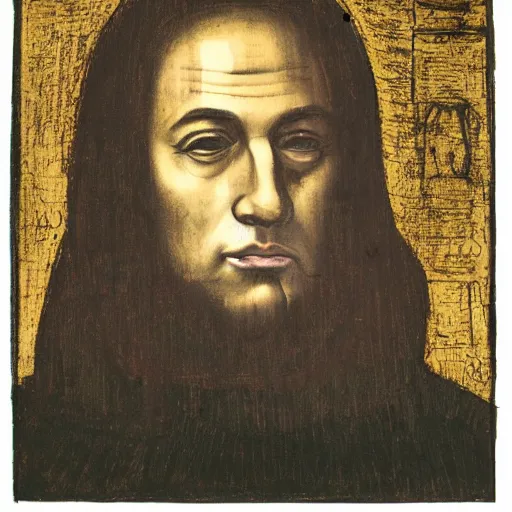 Prompt: portrait of Benjamin Netanyahu in black garbs by Leonardo de Vinci, scenic background, black brown green color palette
