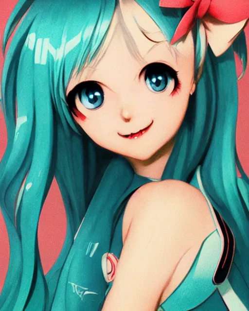 Prompt: Hatsune Miku post card by Gil Elvgren and Daniela Uhlig