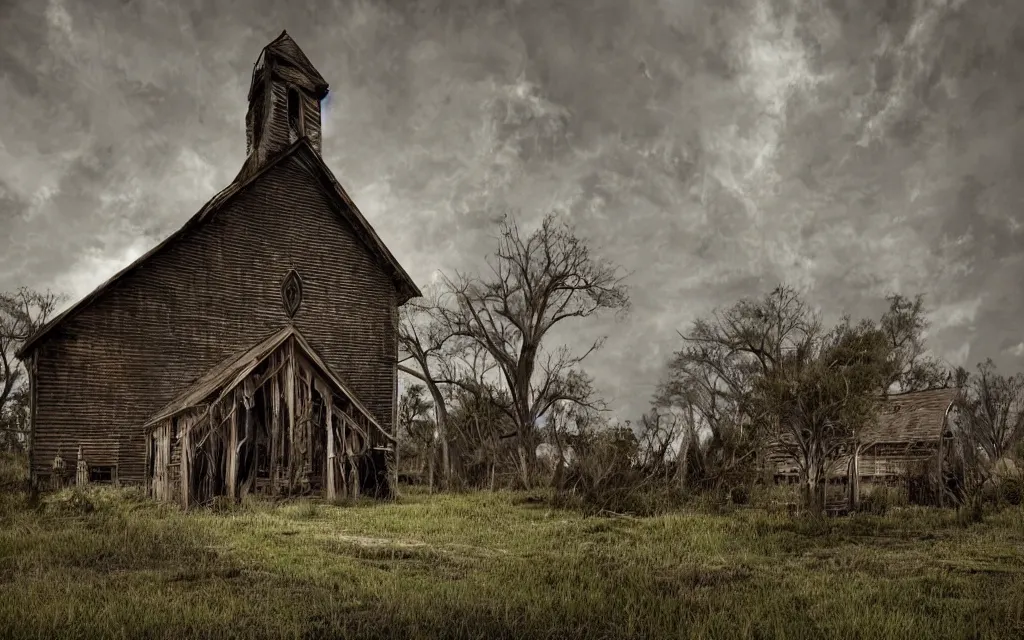 Prompt: a wooden church rotting away in the bayou, realistic, dynamic composition, dramatic lighting, ultra detailed