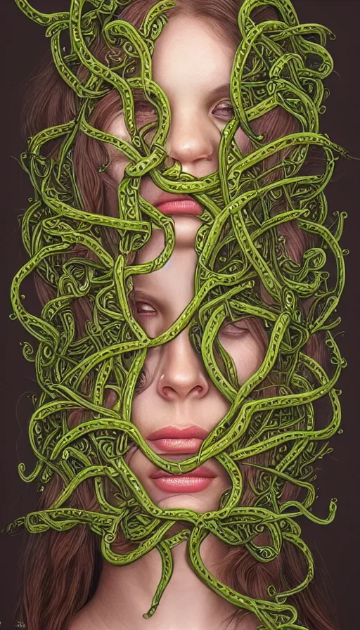 Prompt: very detailed portrait of a 2 0 years old girl surrounded by tentacles, the youg woman visage is blooming from fractal and vines, by jason de graaf