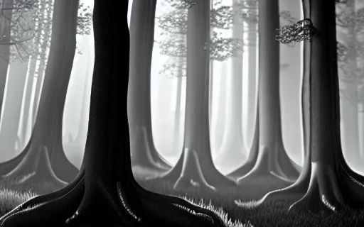 Image similar to black and white drawing of a cyborg forest, trees looks like robots, rim light, cinematic, studio dramatic light, poetic, surreal mythical dreamy dark artistic masterpiece, octane render, 8 k, photo