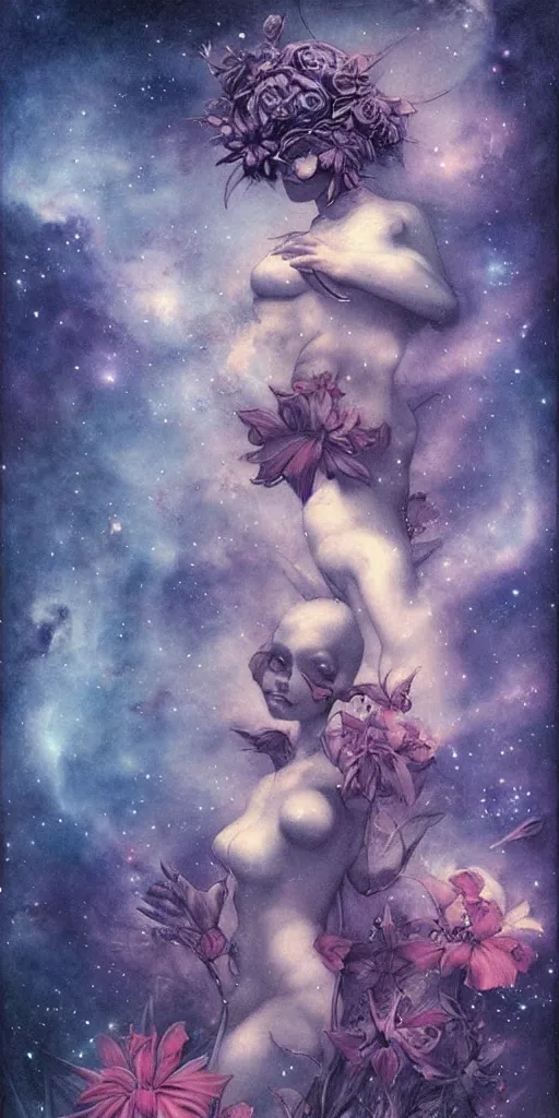 Image similar to tropical flowers, night sky background, nebula, beautiful! coherent! by brom, by brian froud, deep color, strong line, high contrast