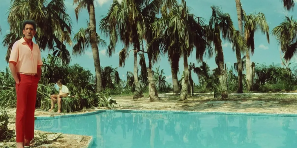 Prompt: wide shot of John Turturro standing in a surreal defunct florida keys abandoned resort with palm trees around a pool, a surreal vaporwave liminal space, 1970s thriller, color kodak Kubrick film, anamorphic lenses