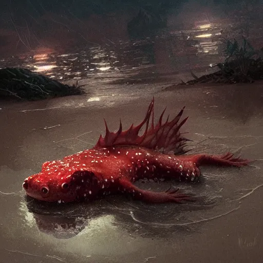 Image similar to shocked Axolotl hit by lightning from the sky in a small puddle, dramatic, dark, fantasy, digital art, hyperrealistic, Greg Rutkowski, Trending on Artstation, highly detailed