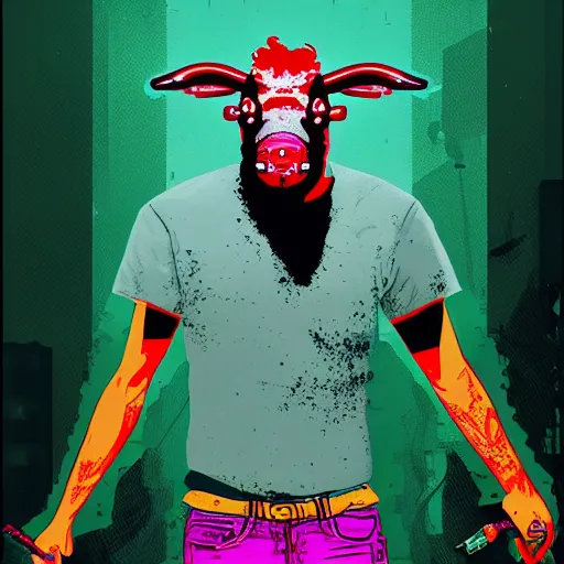Image similar to bull headed human, hotline miami, digital art, gta v artwork