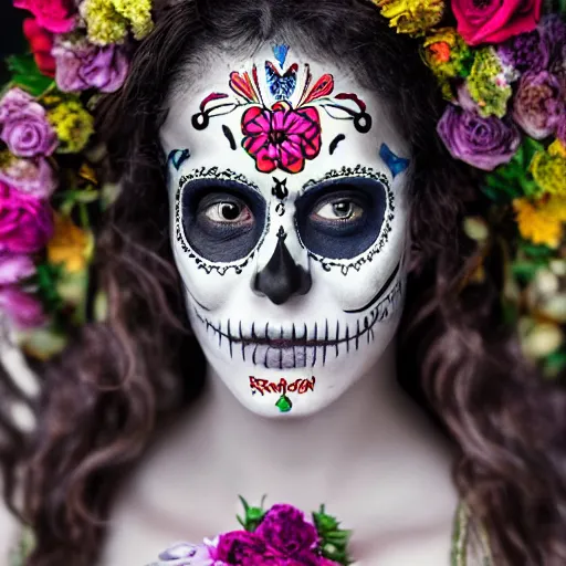 Image similar to photo portrait of a beautiful day of the dead female, depth of field, zeiss lens, detailed, symmetrical, centered, by edward robert hughes, connor hibbs, annie leibovitz and steve mccurry, david lazar, jimmy nelsson, breathtaking, 8 k resolution, extremely detailed, beautiful, establishing shot, artistic, hyperrealistic, beautiful face, octane render