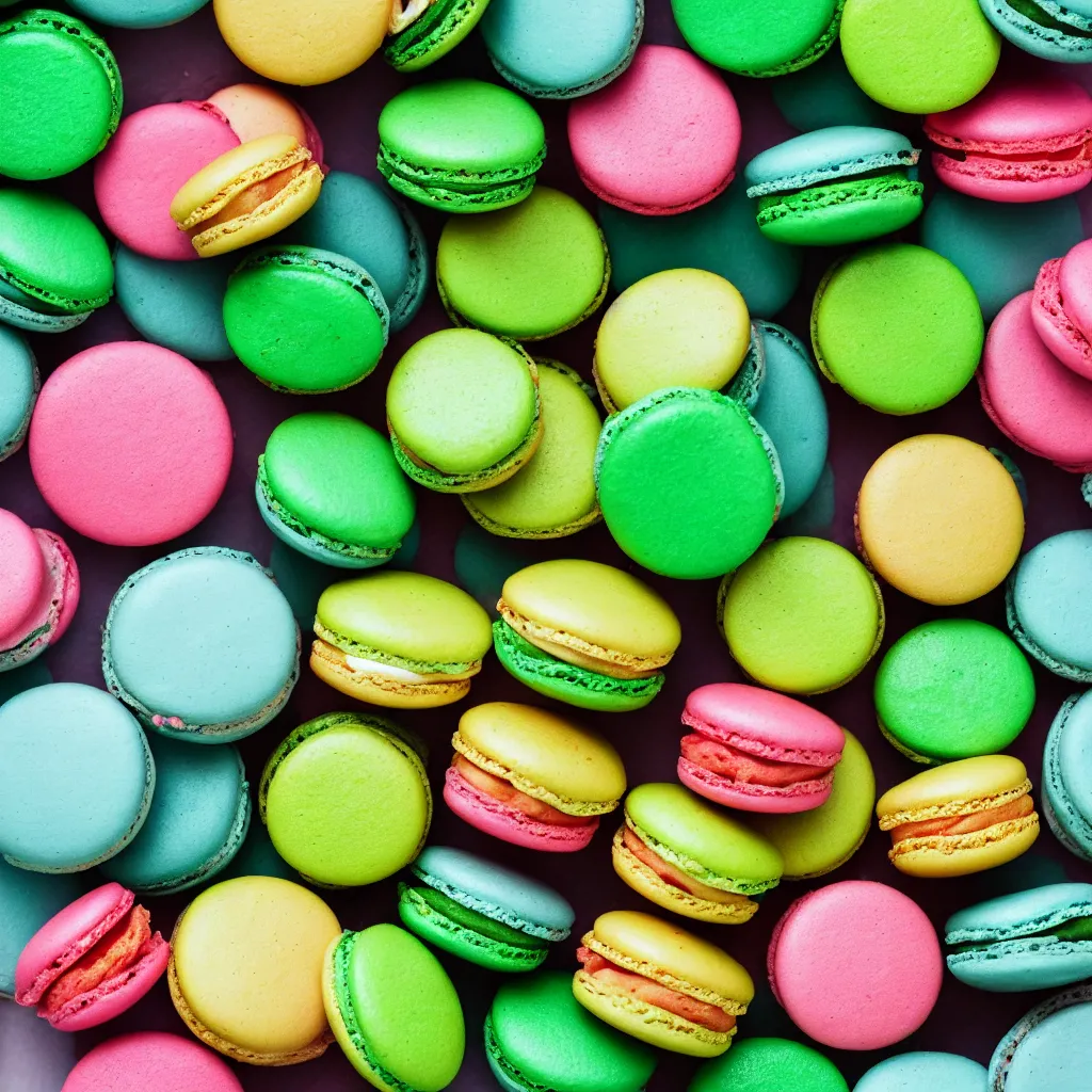 Prompt: top-down view of macarons on top of a green surface, 8k, high detail, photorealistic, proper shading