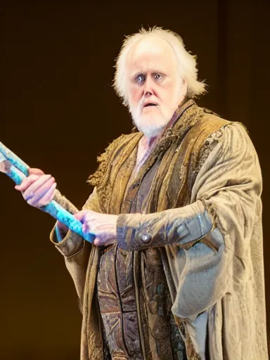 Prompt: a photograph of John Lithgow as Prospero holding a staff from the stage production of The Tempest taken with Nikon D3500, highly detailed