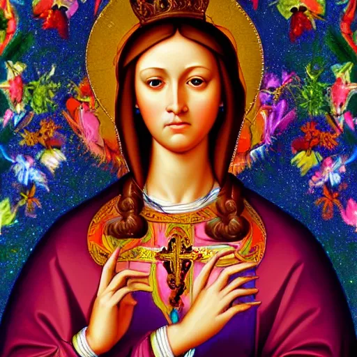 Image similar to Renaissance portrait of a holy catholic female saint, trending on art station, 4k UHD, 8k, painting illustration, high detail by Lisa Frank