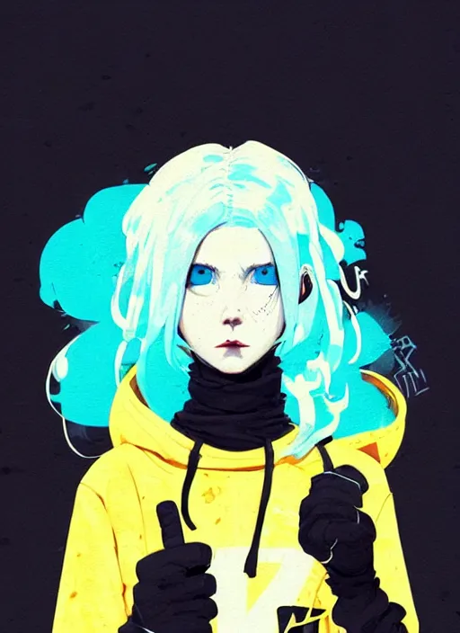 Prompt: highly detailed portrait of a city punk lady student, blue eyes, hoodie, white hair by atey ghailan, by greg rutkowski, by greg tocchini, by james gilleard, by joe fenton, by kaethe butcher, gradient yellow, black, brown and cyan blue color scheme, grunge aesthetic!!! ( ( graffiti tag wall background ) )