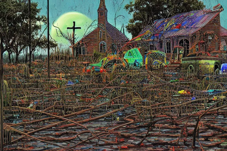 Prompt: scene fromlouisiana swamps, old protestant church with neon cross, junkyard by the road, boy scout troop, voodoo, artwork by jean giraud