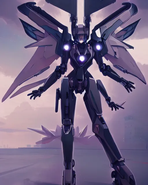 Image similar to uncropped stealthy Feminine mecha (with futuristic jet armor and wings) with a heart visor helmet, symphogear, full body character portrait, hi-tech, trending on Artstation, black armor, digital painting, concept art, sharp focus, illustration, art by WLOP and Greg Rutkowski