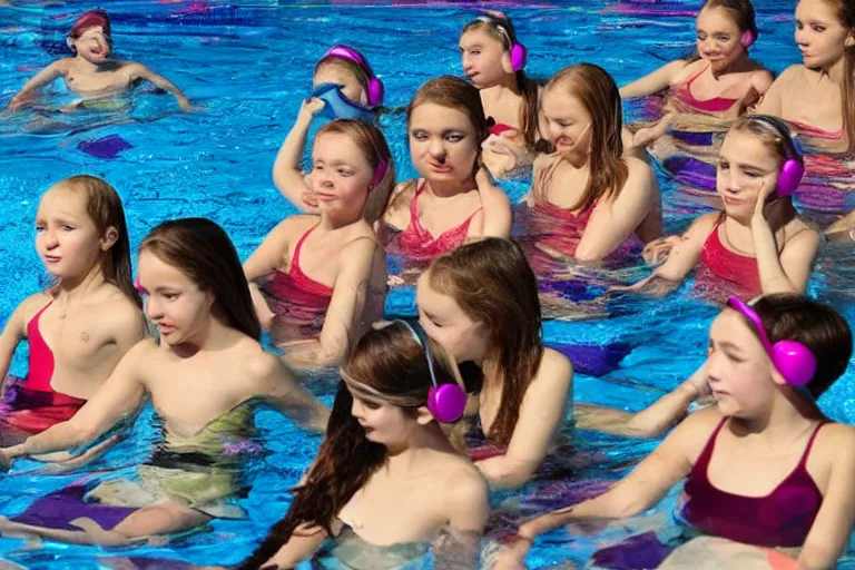 Image similar to Putin and girls at aquatic disco, hyper realistic photo, highly detailed