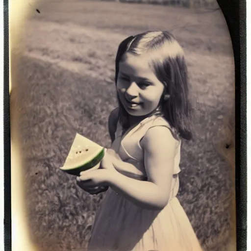 Image similar to an old and aged polaroid photograph of a young girl eating a watermelon, preserved photograph