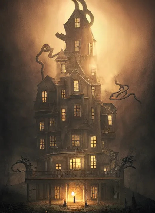 Image similar to giant squid destroying a glowing mansion in burning vapor dramatic lighting, artstation, matte painting, alexander jansson, allen williams, anton semenov