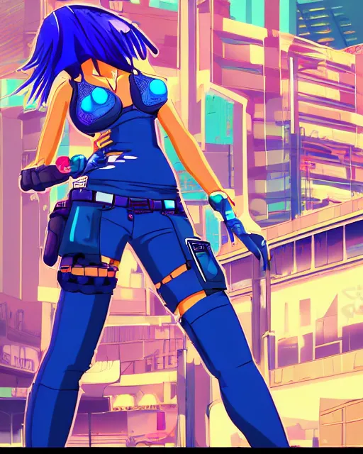 Image similar to cel shaded art of a pretty blue haired girl, jet grind radio graphics, cyberpunk city street background