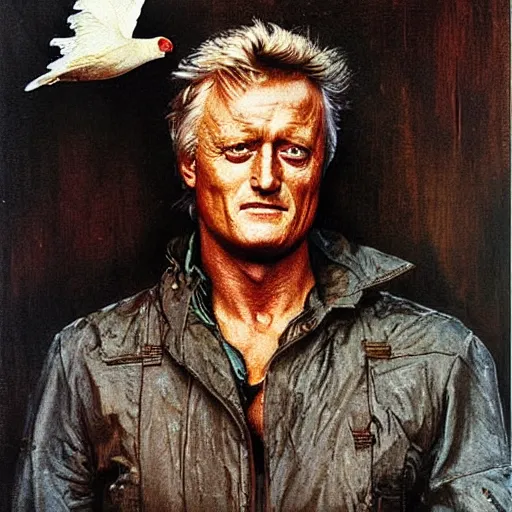 Image similar to rutger hauer as roy batty standing in the rain and holding a dove, painted by norman rockwell and tom lovell and frank schoonover