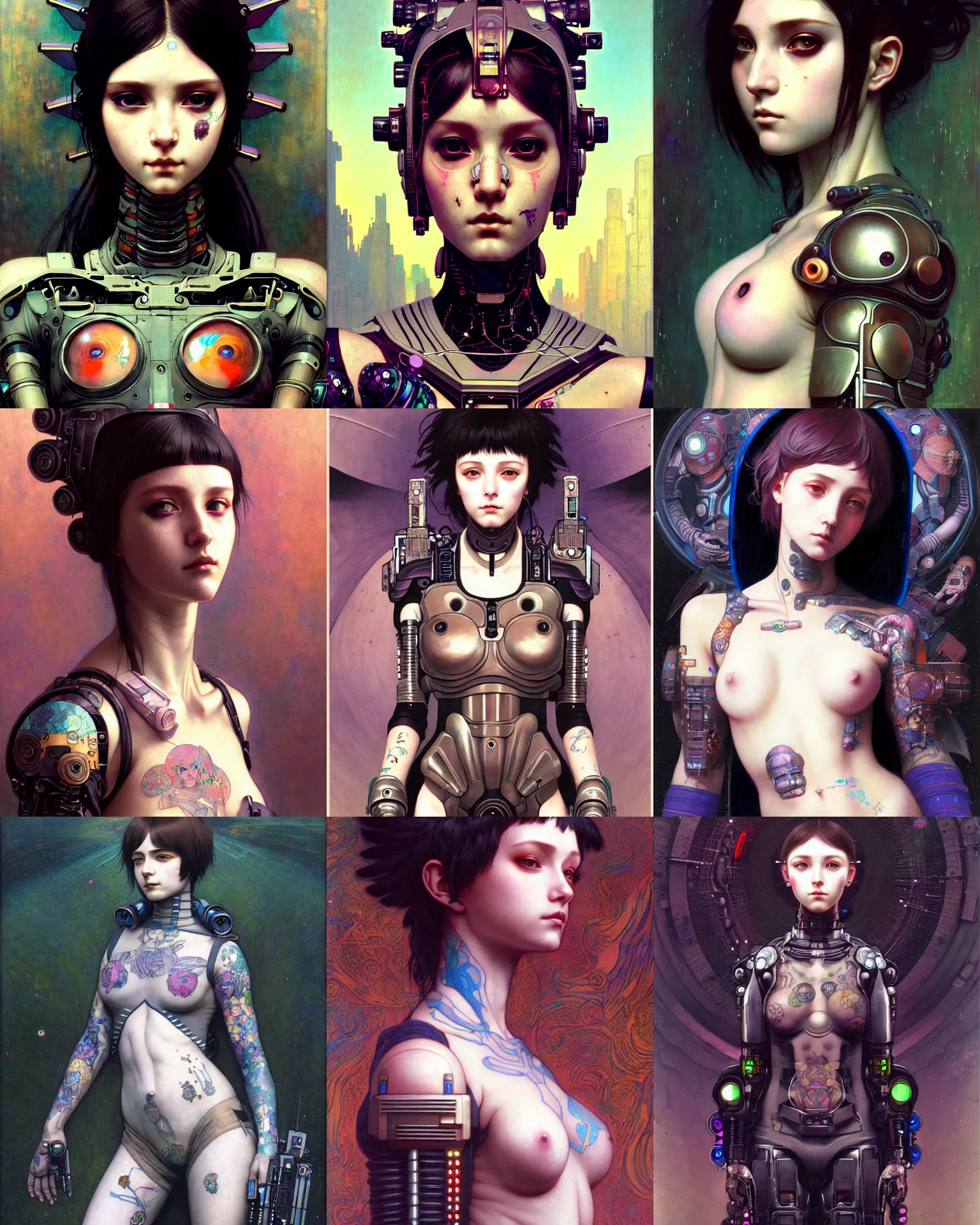 Prompt: portrait of beautiful cute cyberpunk maiden girl in tattoos in post apocalypse mechanical armor, high details, art by ( ( ( kuvshinov ilya ) ) ) and wayne barlowe and gustav klimt and artgerm and wlop and william - adolphe bouguereau