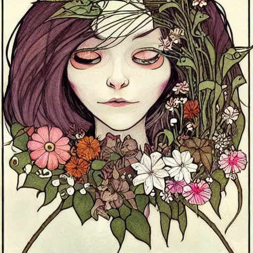 Image similar to cat smelling flowers, in the style of chiara bautista, mucha