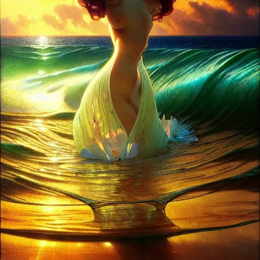 Prompt: detailed giant orchid flower surrounded by ocean wave, lsd water, ripples, transparent droplets, refracted backlit sunset, refracted lighting, art by collier, albert aublet, krenz cushart, artem demura, alphonse mucha