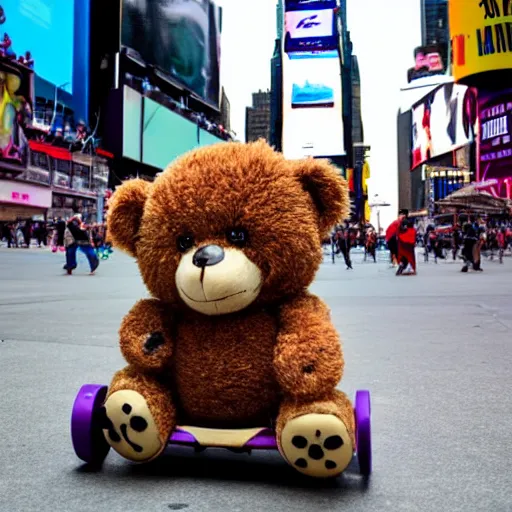 Image similar to a photo of a teddy bear on a skateboard in times square