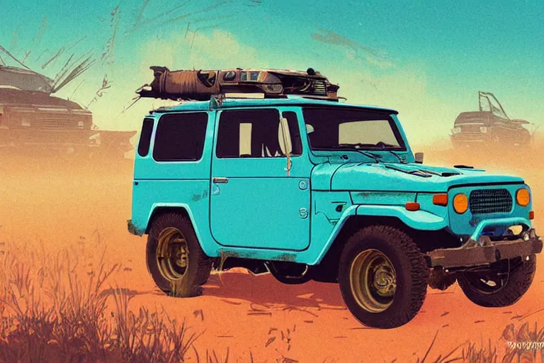 Image similar to digital illustration of a faded cyan mad max's fj 4 0 decrepit!!!! pursuit special, rusty!!! nissan fj cruiser heavily modded 1 9 9 0 s, the last v 8 interceptor by makoto shinkai, ilya kuvshinov, lois van baarle, rossdraws, basquiat